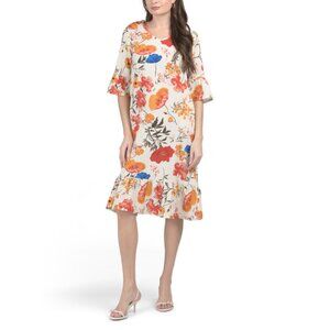 LE RAGAZZE Italy Linen Blend Oversized Floral Midi Dress With Ruffle Hem